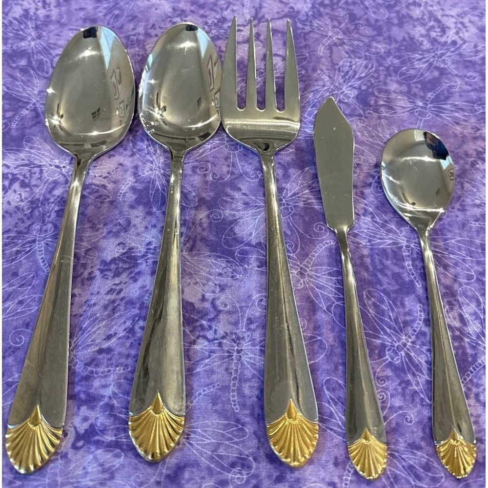 Royal Gallery Stainless Gold Fan Accent Serving Set Of 5 Spoon Fork Korea 18/8